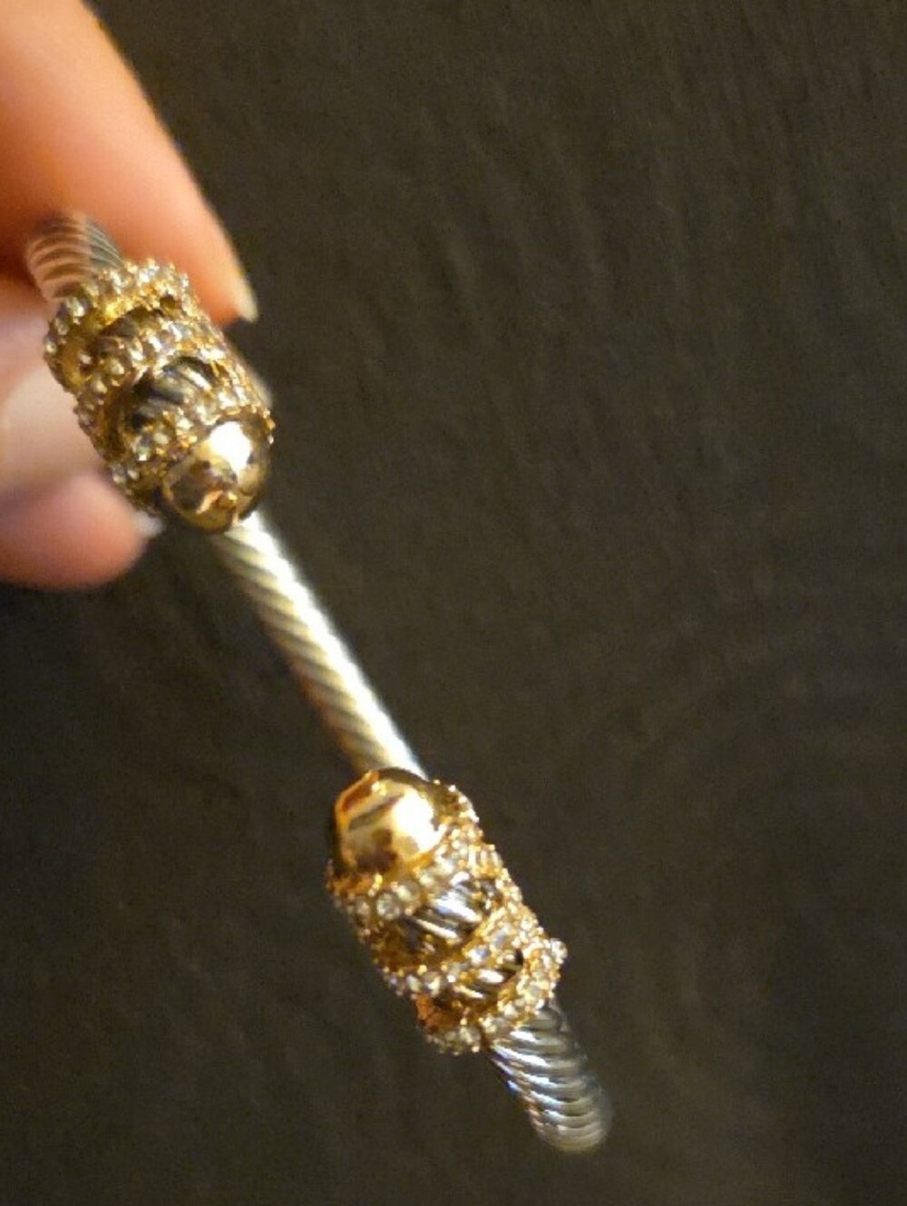 Gold Tone and Silver Tone Cable Cuff Bangle Rope Bracelet Pave Crystal Accents - Picture 4 of 8